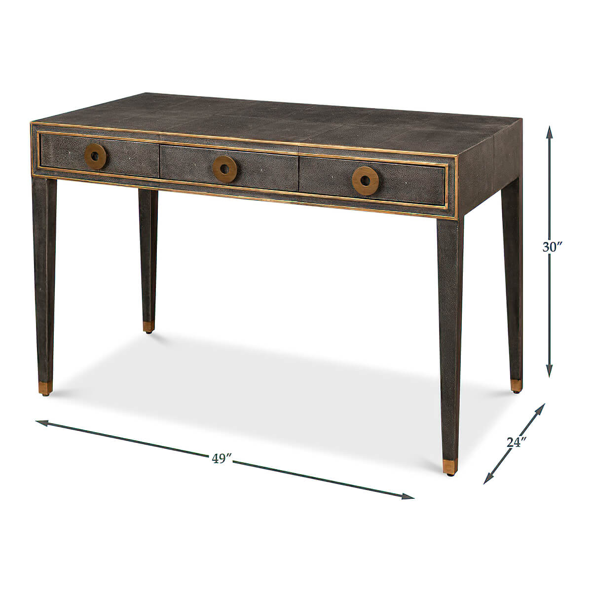 Dimensions of Art Deco leather desk with measurements.