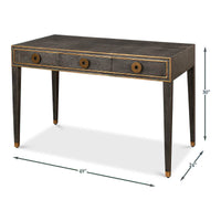 Dimensions of Art Deco leather desk with measurements.