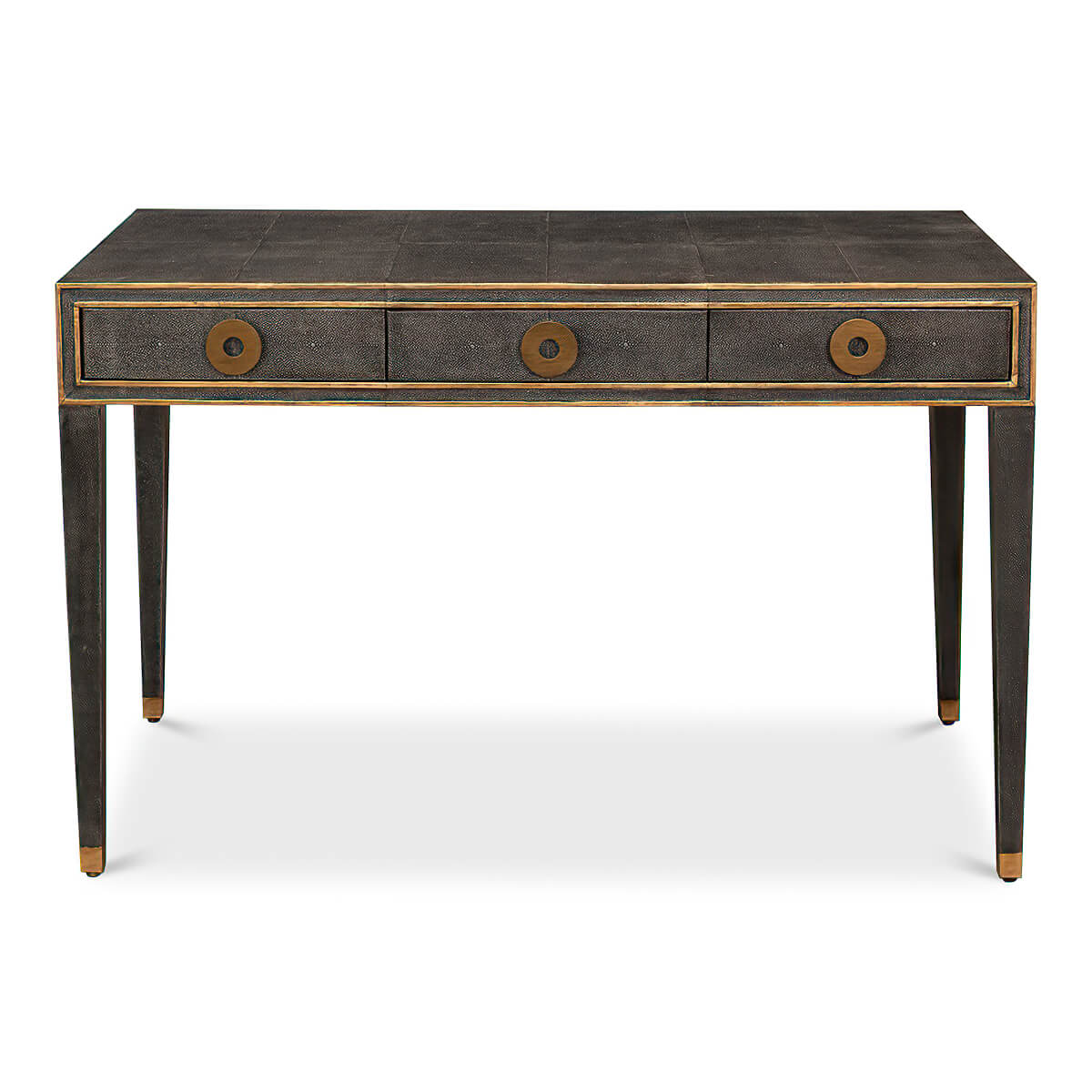 Front view of dark grey desk, drawers closed.