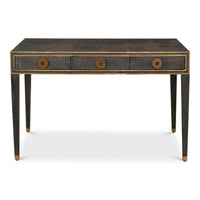 Front view of dark grey desk, drawers closed.