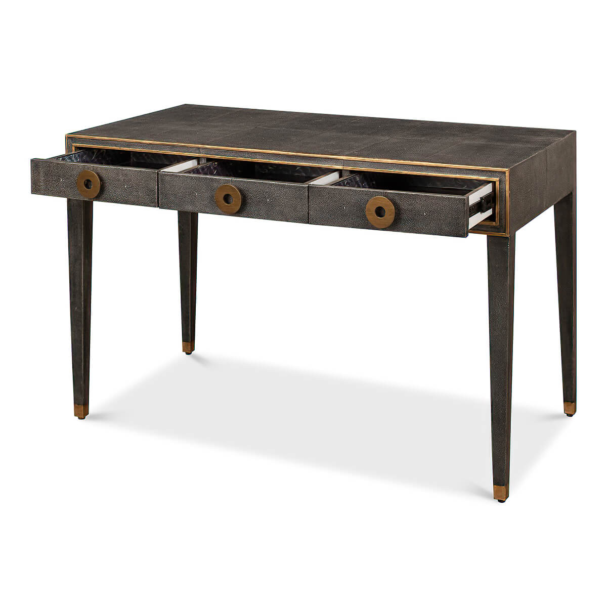 Desk with three drawers open, detailed view.