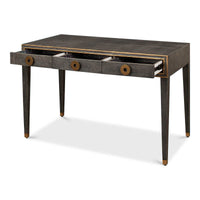 Desk with three drawers open, detailed view.