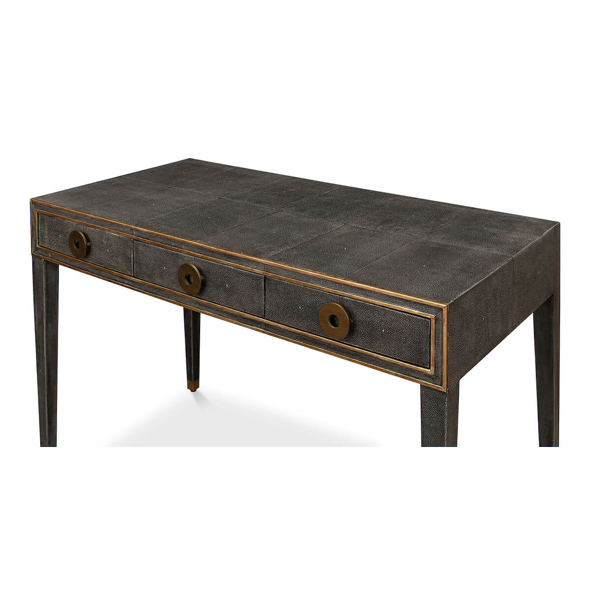 Side angle of leather desk highlighting design.