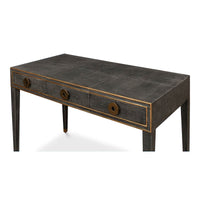 Side angle of leather desk highlighting design.