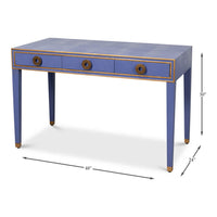 Dimensions of Art Deco leather desk in blue.