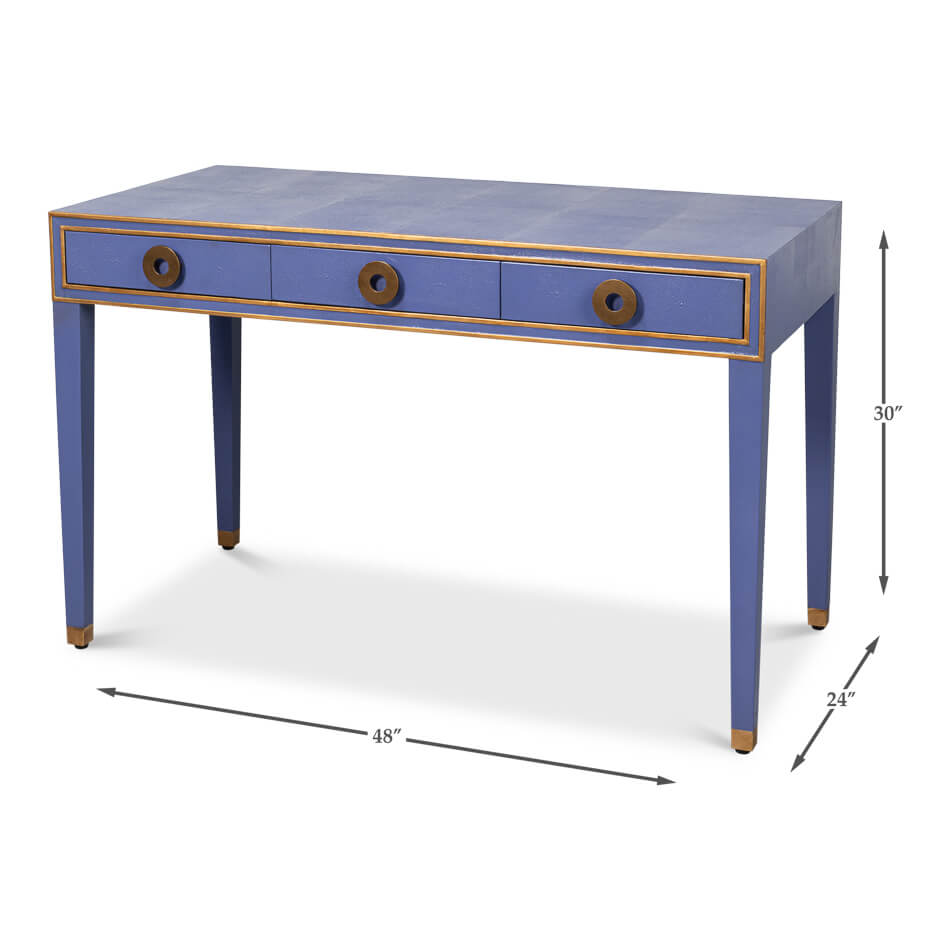 Dimensions of Art Deco leather desk in blue.