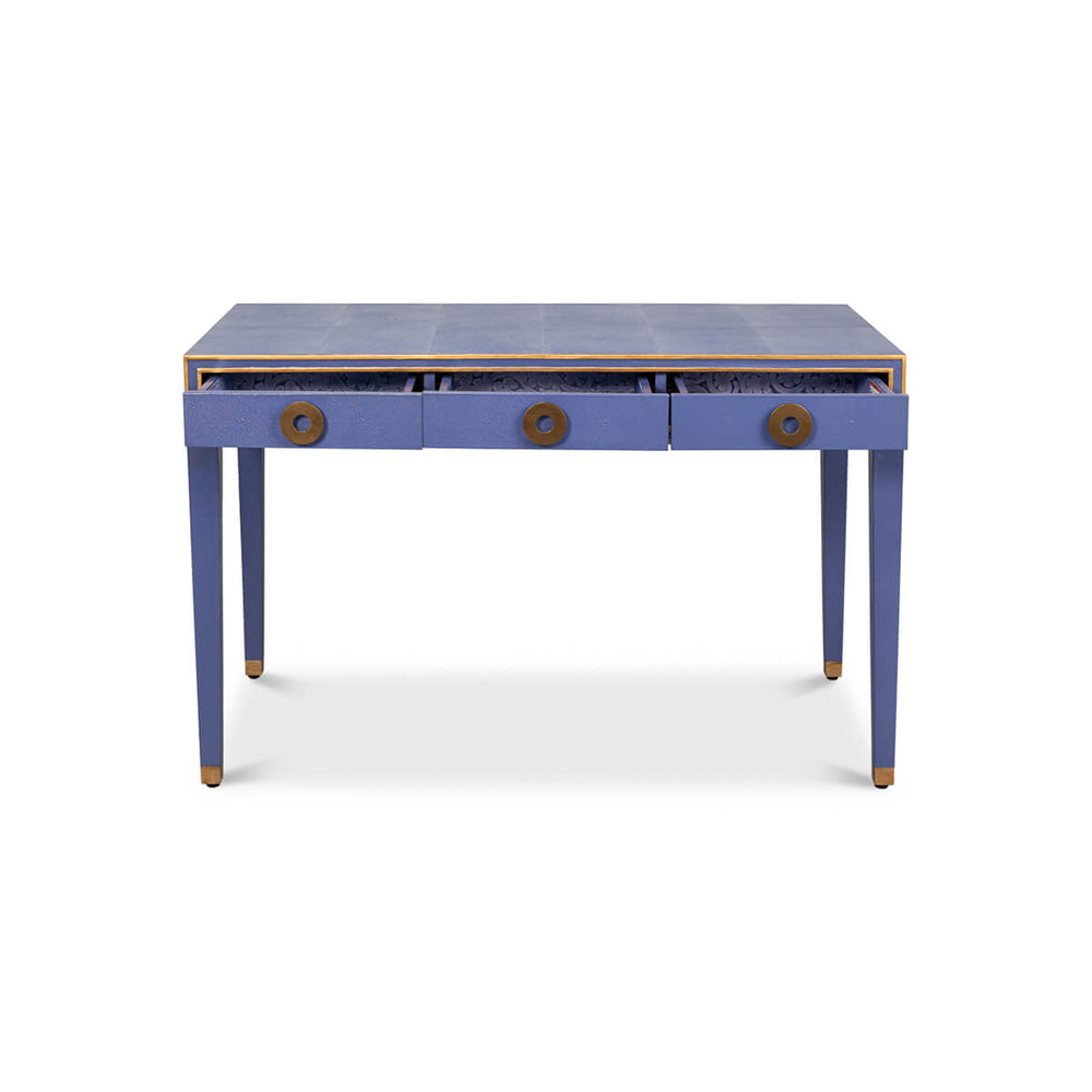 Front view of Art Deco leather desk in blue.