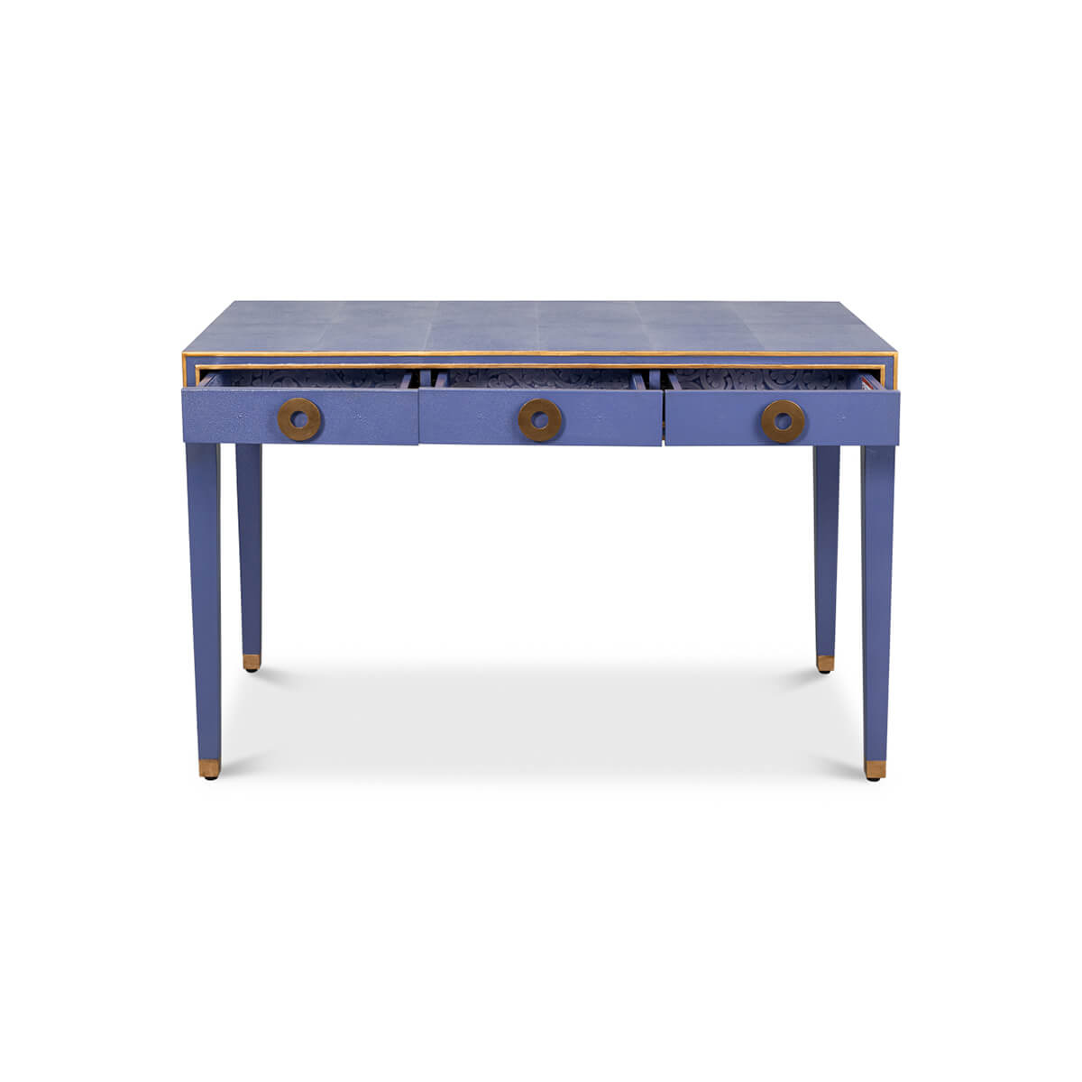 Front view of Art Deco leather desk in blue.
