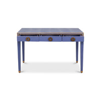 Front view of Art Deco leather desk in blue.