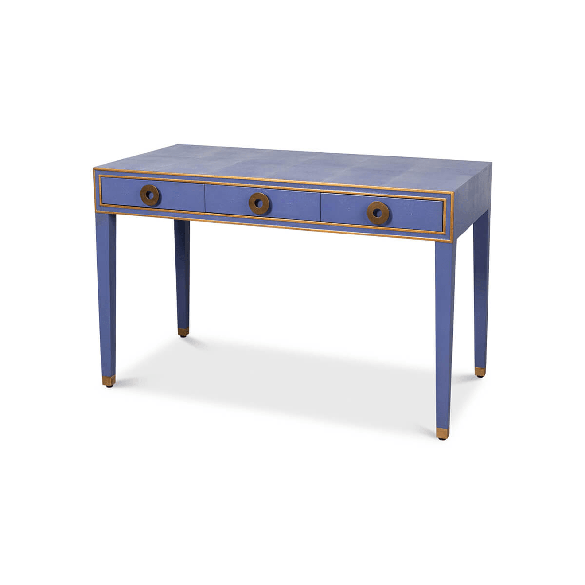 Angled view showing three drawers in Art Deco desk.