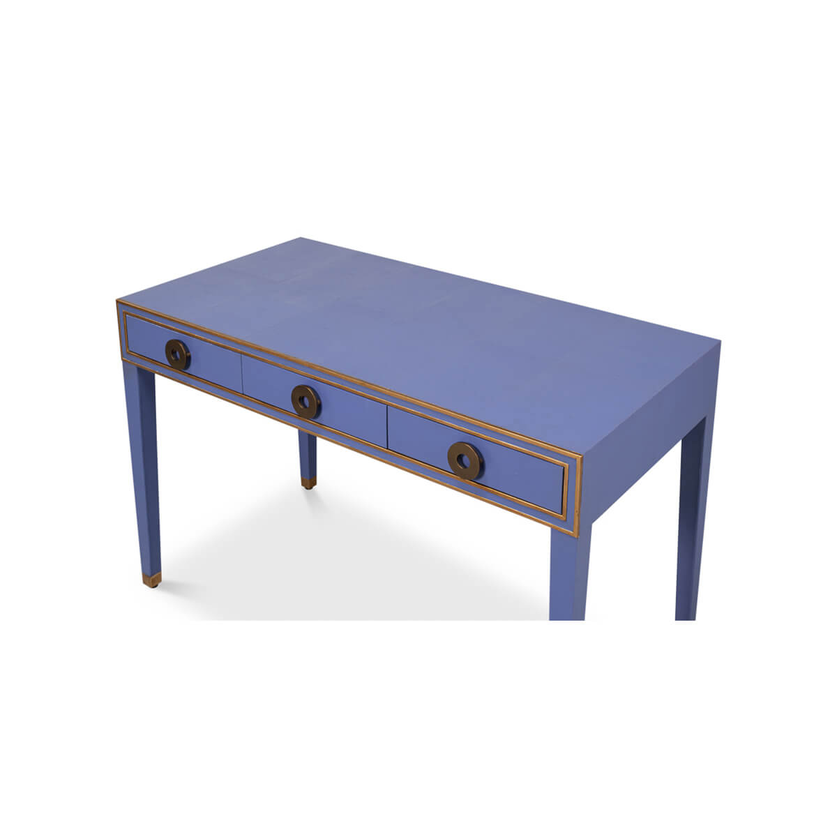 Angled view of blue Art Deco leather desk.