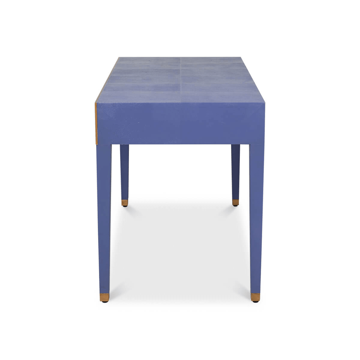 Side profile of Art Deco desk in marlin blue.