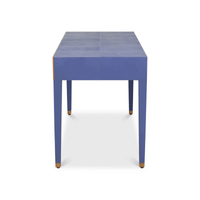 Side profile of Art Deco desk in marlin blue.
