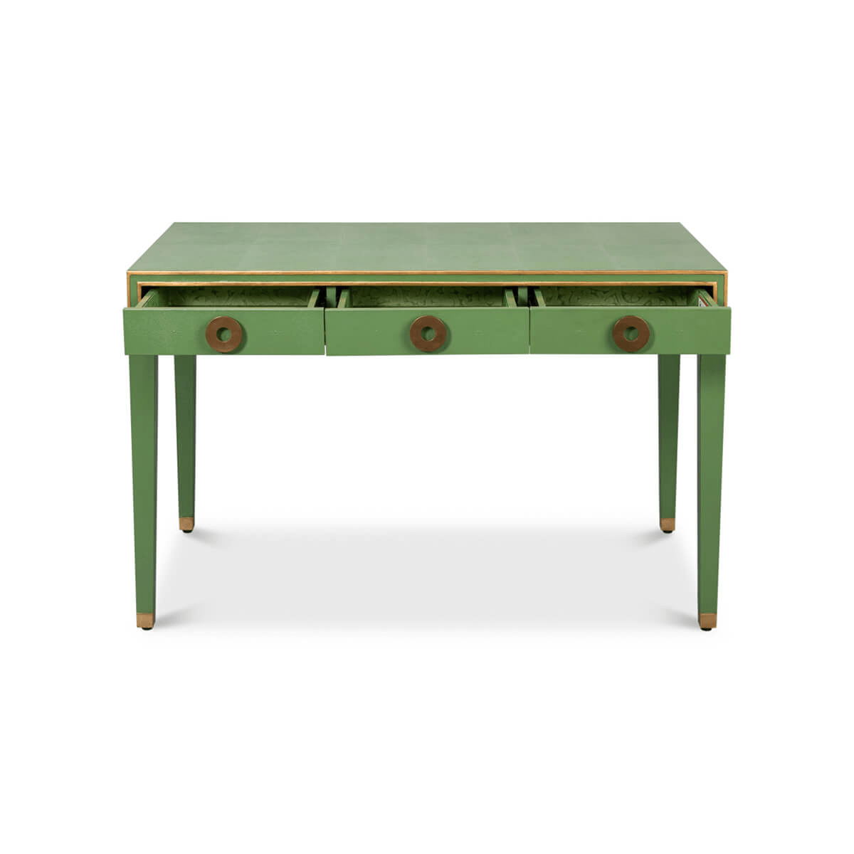 Green desk with open drawers, revealing interior space