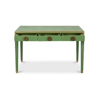 Green desk with open drawers, revealing interior space