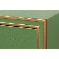 Close-up of gold accents on green desk corner