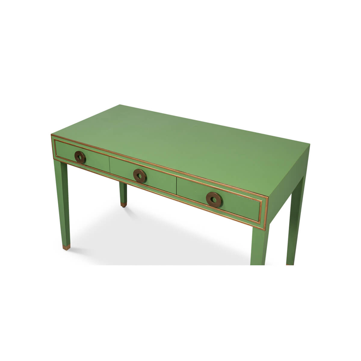 Angled view of green leather desk with drawers