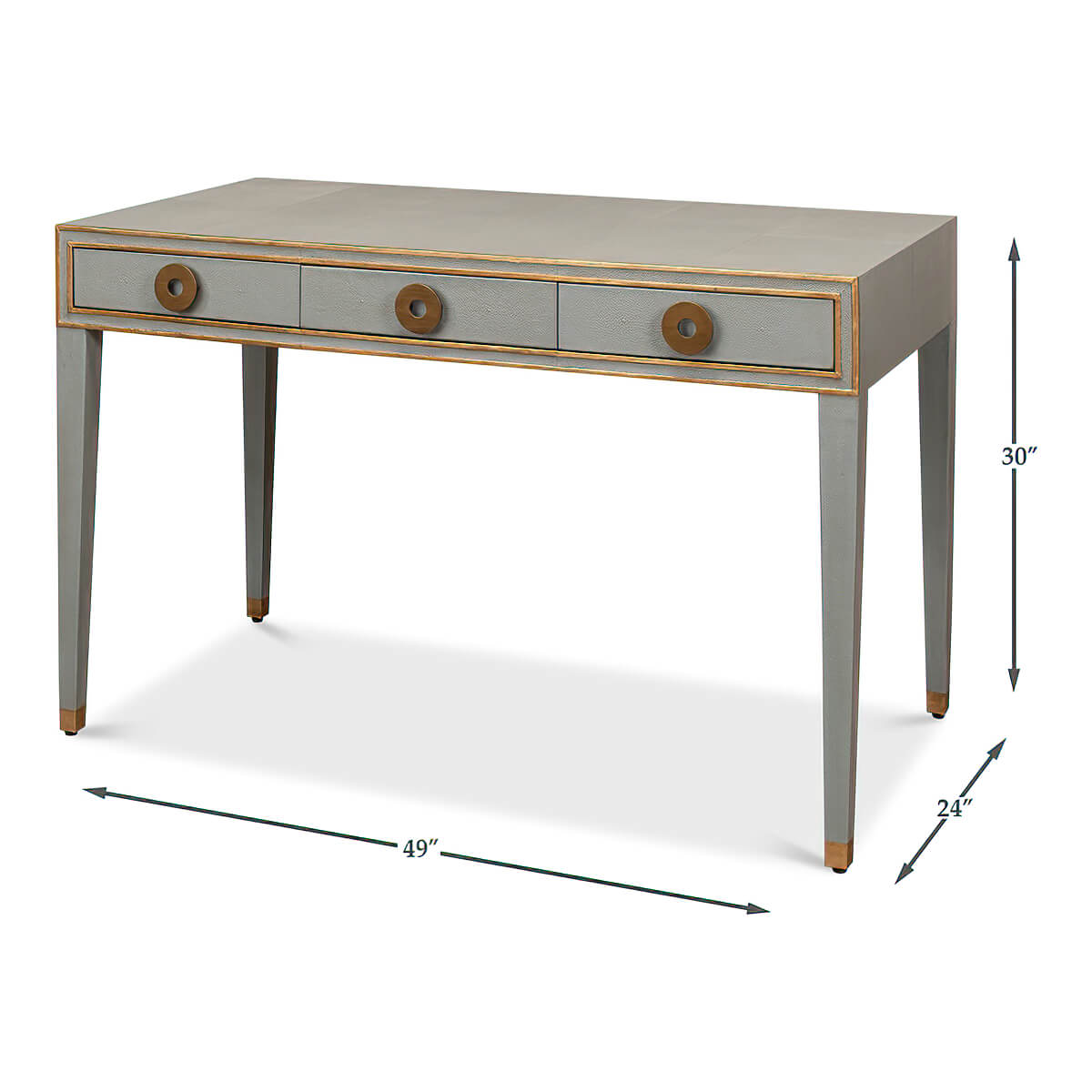 Dimensions of light grey Art Deco desk, labeled diagram.