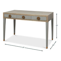 Dimensions of light grey Art Deco desk, labeled diagram.