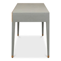 Side view of light grey desk, tapered leg detail.