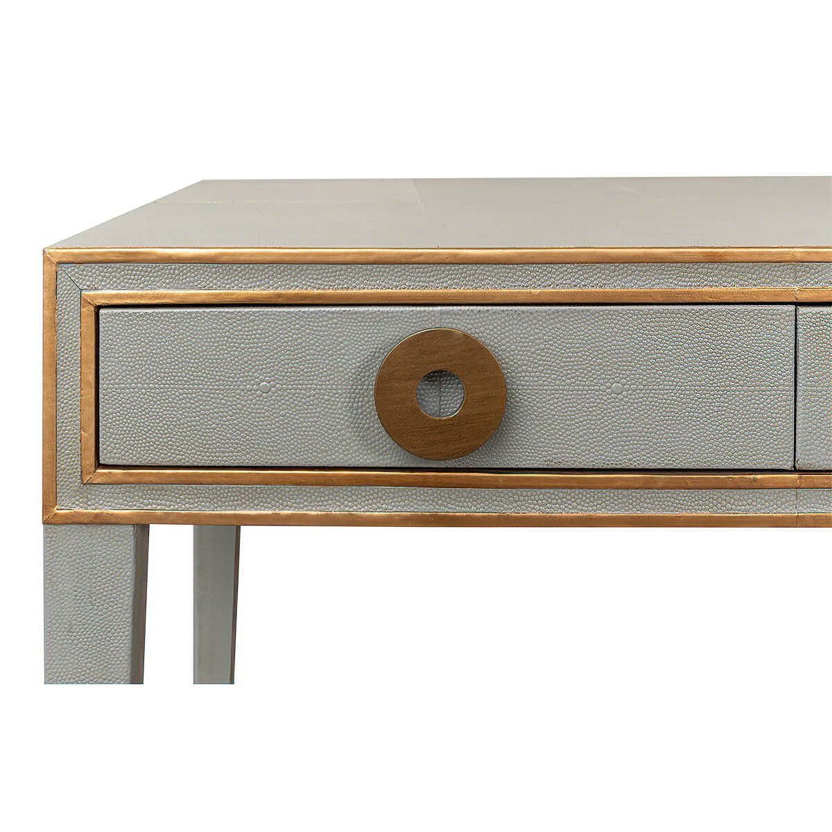Close-up: Art Deco desk drawer, bronze handle and trim.