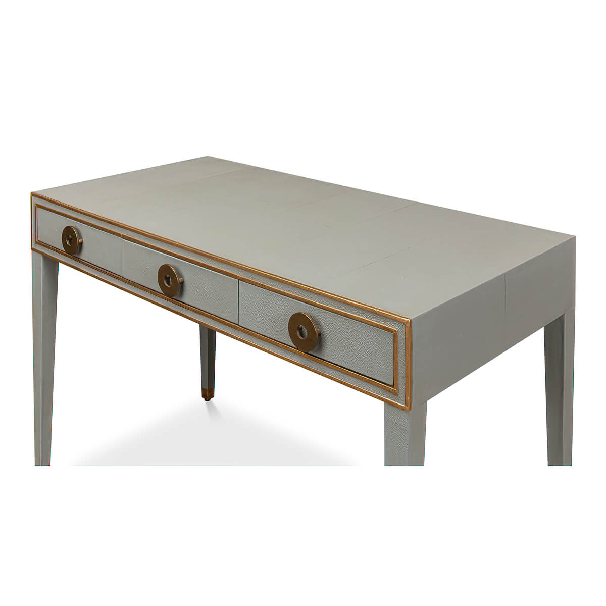 Angled view of light grey desk, detailed drawer handles.