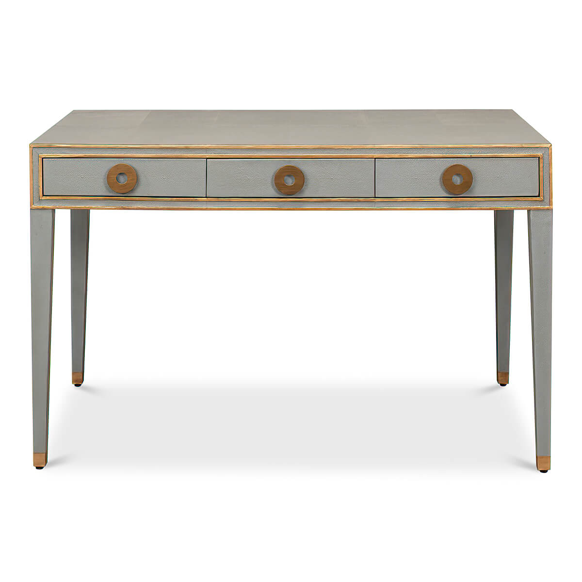 Front view of light grey Art Deco desk, three drawers.
