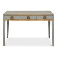 Front view of light grey Art Deco desk, three drawers.