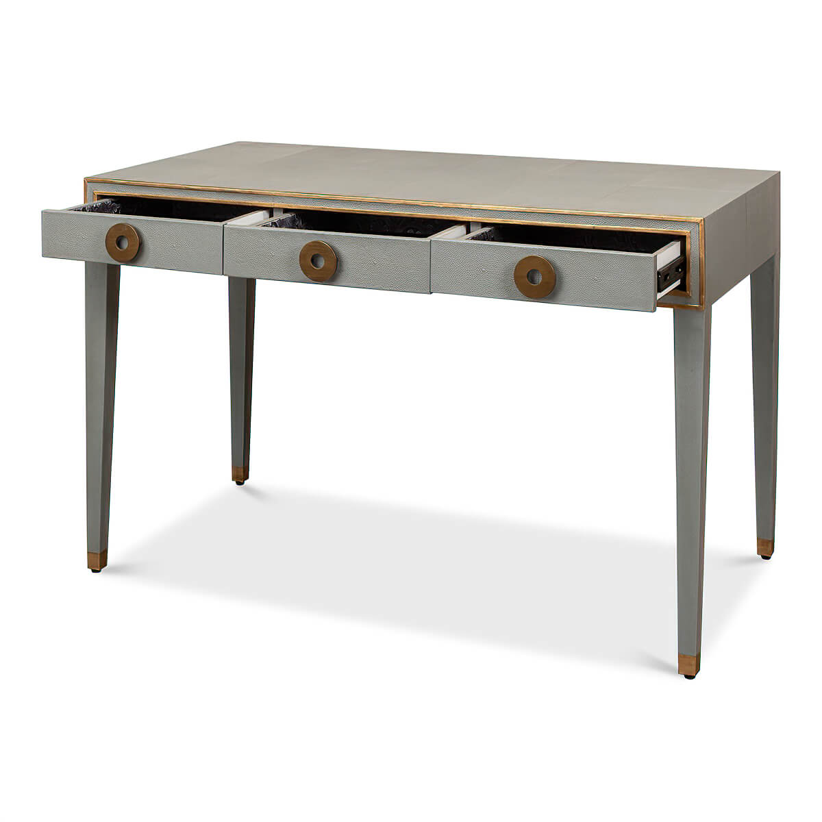 Art Deco desk, three open drawers, light grey finish.