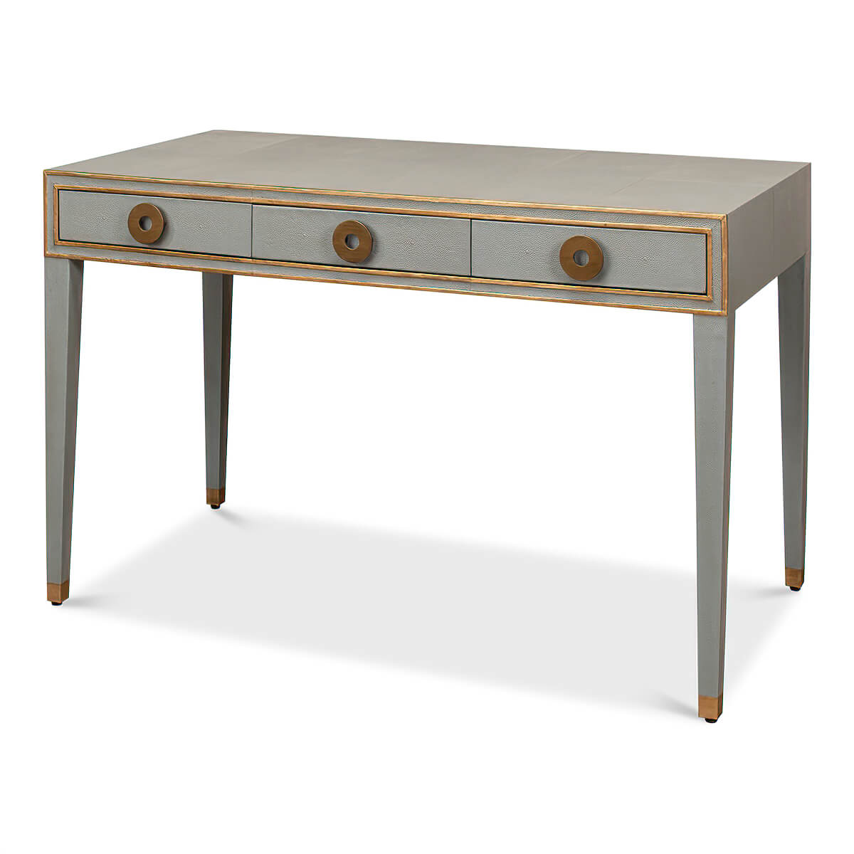 Light grey desk, angled view, tapered legs, Art Deco style.