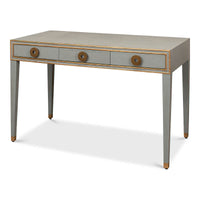 Light grey desk, angled view, tapered legs, Art Deco style.
