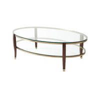 Oval glass coffee table with wooden legs, full view.