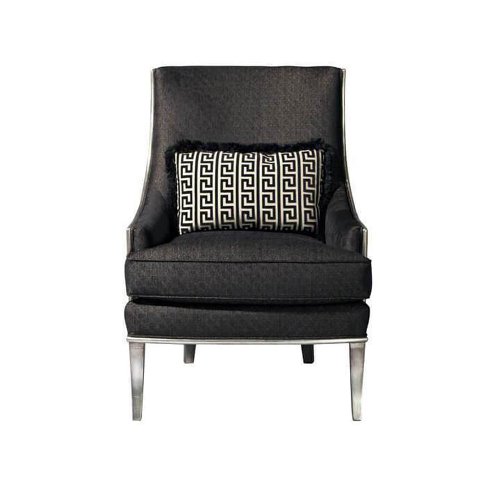 Black scoop back armchair, front view with pillow.