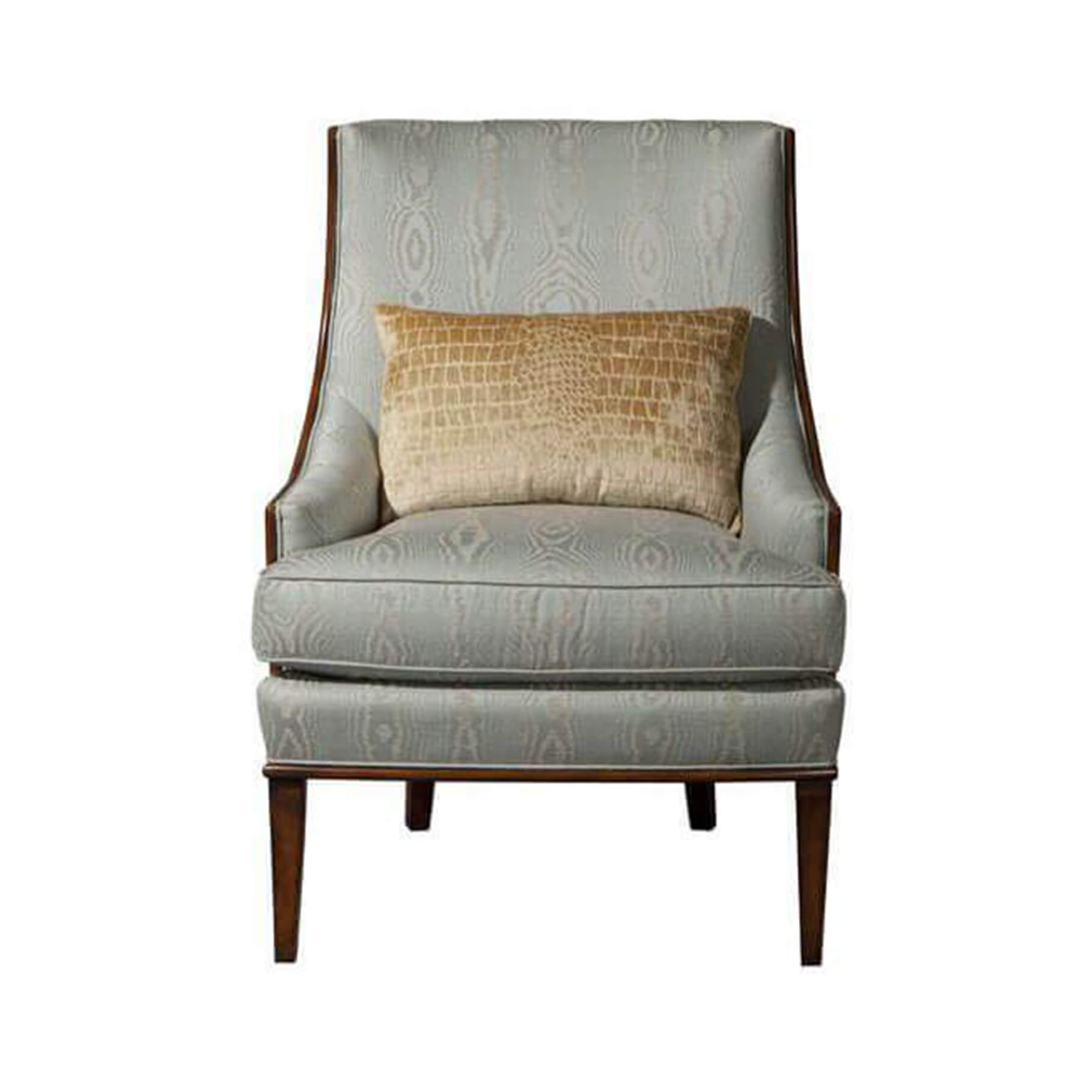 Light blue scoop back armchair, front view with pillow.