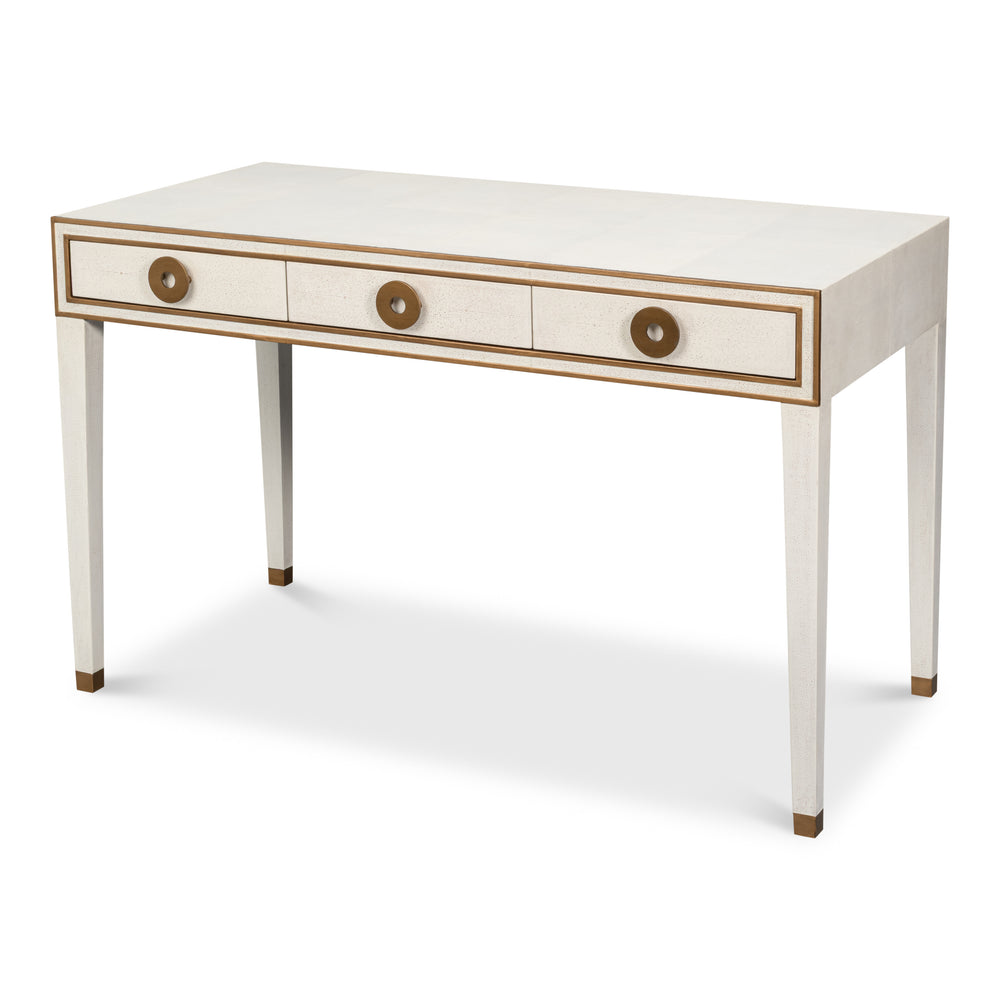 White shagreen leather writing desk with a wood base and clean straight lines