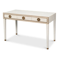 White shagreen leather writing desk with a wood base and clean straight lines