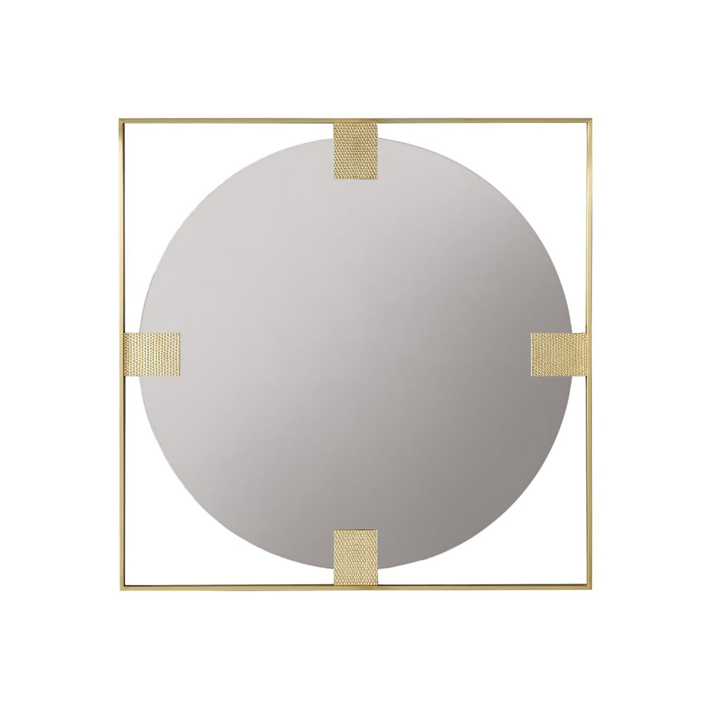 Square brass mirror with gold accents on white background.