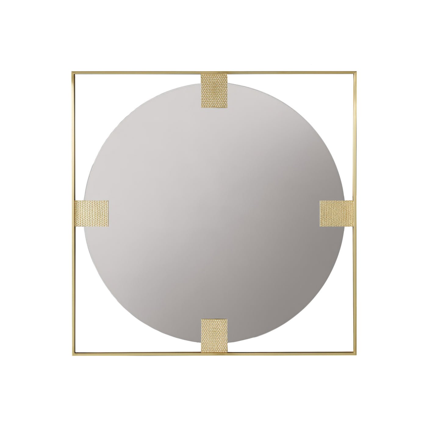 Square brass mirror with gold accents on white background.