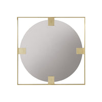 Square brass mirror with gold accents on white background.