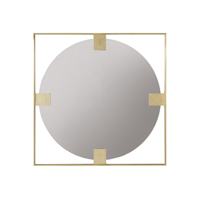 Square brass mirror with gold accents on white background.