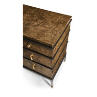 Top corner detail of the burl wood dresser.