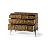 Burl wood dresser, open drawers showcasing interior.