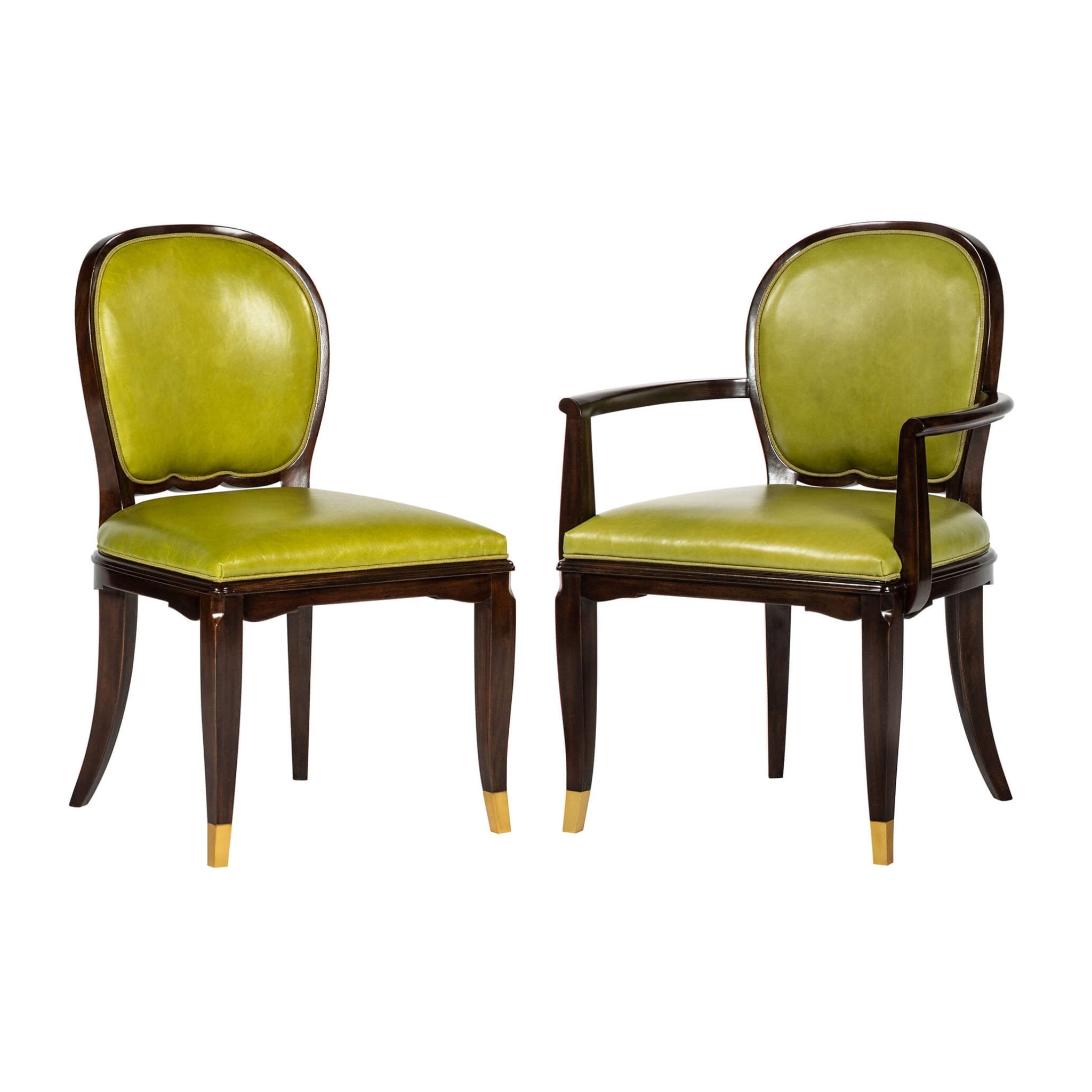 Pair of Art Deco dining chairs with and without arms.