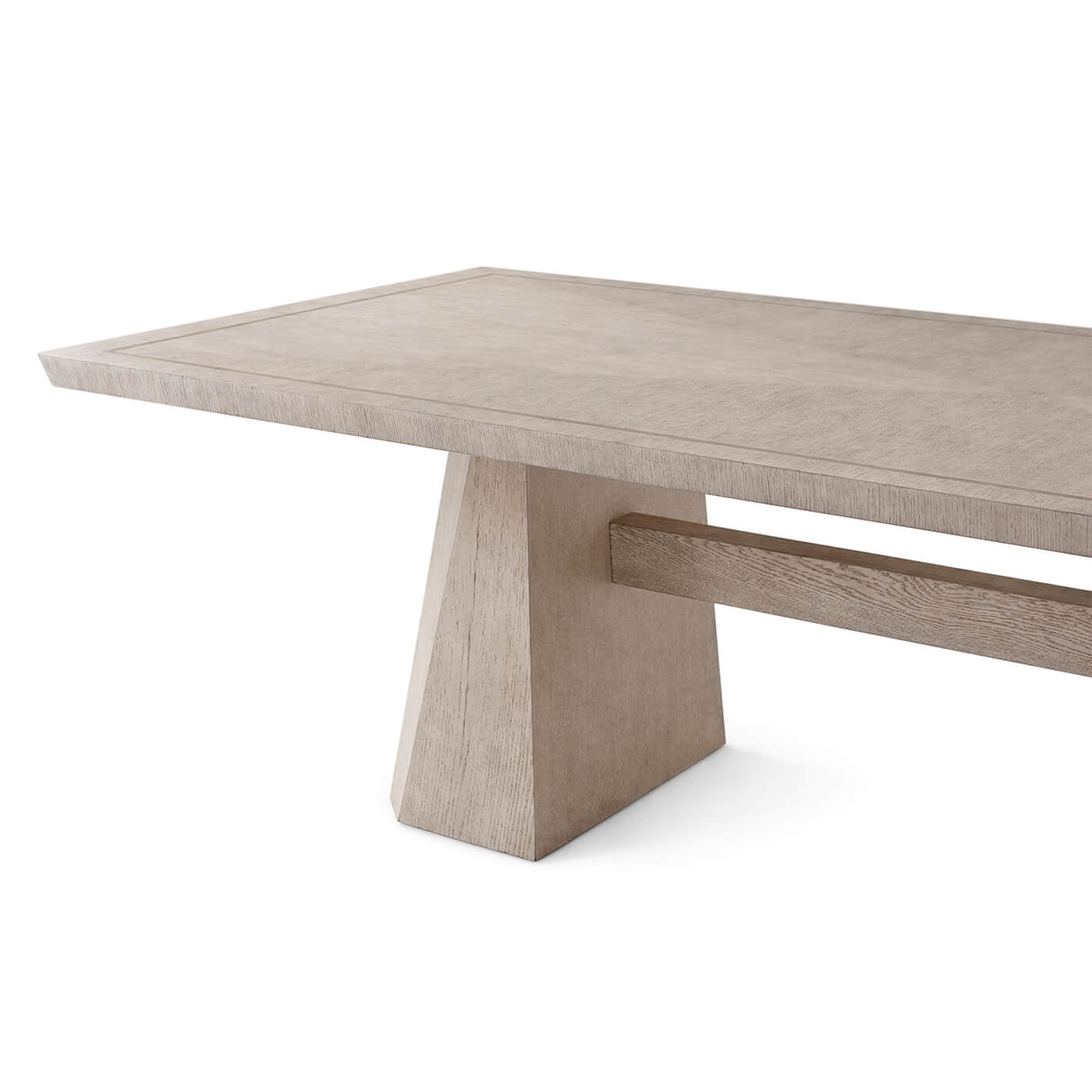 Corner perspective of Art Deco style light oak dining table.