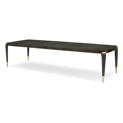 Extended dining table, angled side view, black and gold.