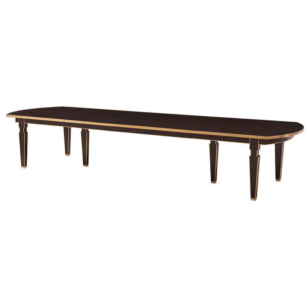 Long extension dining table, dark wood, angled view.
