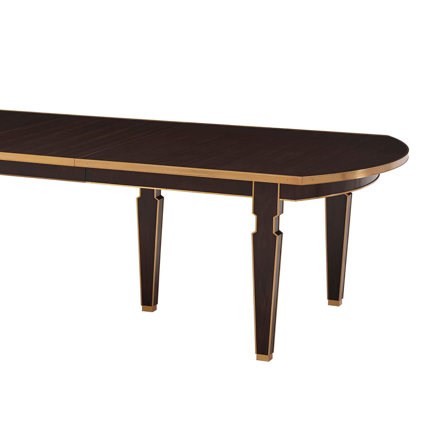 Extension dining table corner detail, dark wood finish.