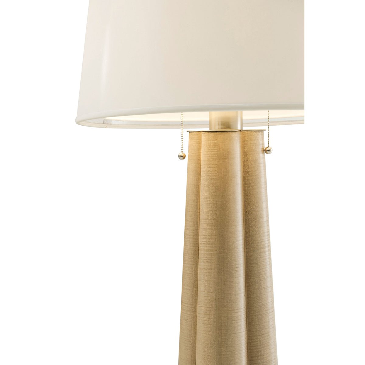 Close-up of art deco lamp's white shade and pulls.
