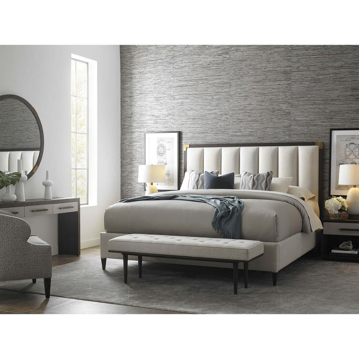 Art Deco king bed styled in modern bedroom setting.