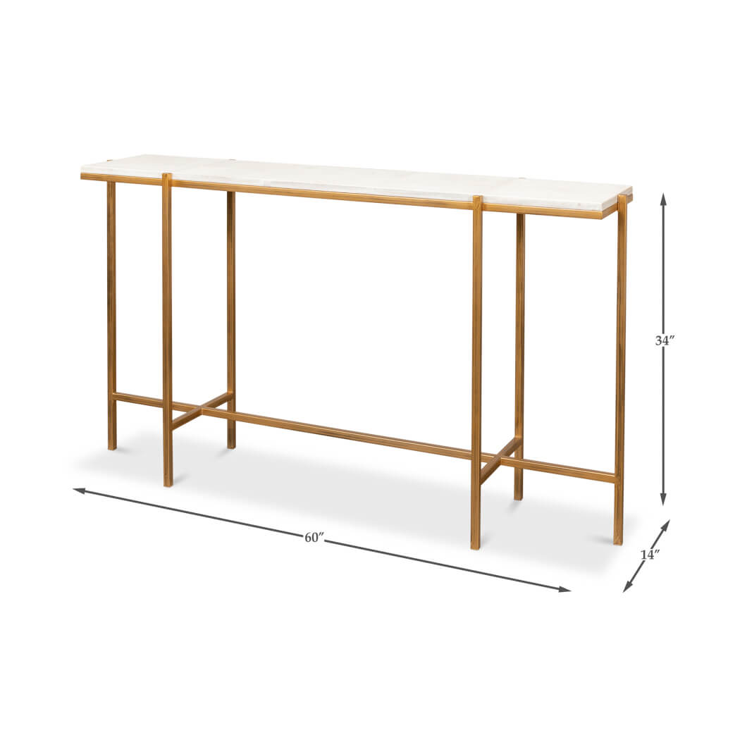 Console table dimensions illustration with gold frame.
